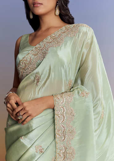 Mint Green Tissue Saree With Gota Patti Embroidery
