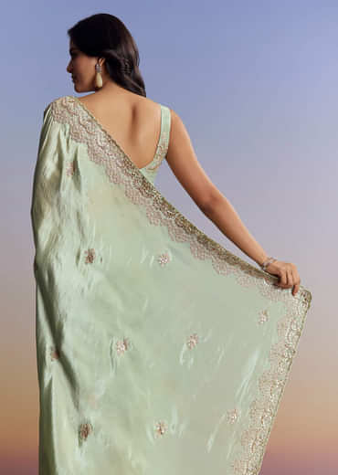 Mint Green Tissue Saree With Gota Patti Embroidery