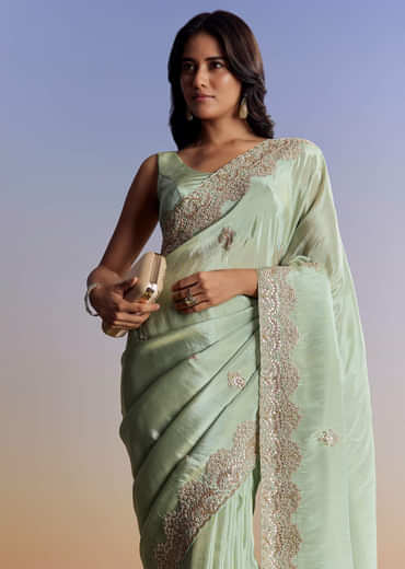 Mint Green Tissue Saree With Gota Patti Embroidery