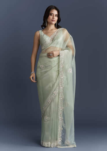 Mint Green Tissue Saree With Heavy Hand Embroidery