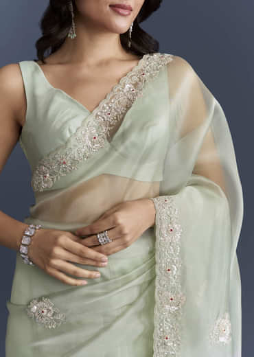 Mint Green Tissue Saree With Heavy Hand Embroidery