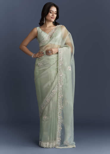 Mint Green Tissue Saree With Heavy Hand Embroidery