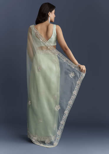 Mint Green Tissue Saree With Heavy Hand Embroidery