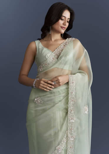 Mint Green Tissue Saree With Heavy Hand Embroidery
