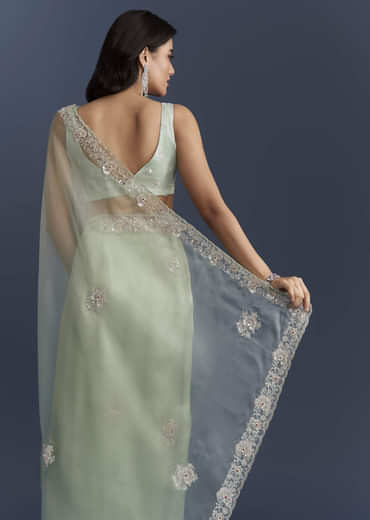 Mint Green Tissue Saree With Heavy Hand Embroidery
