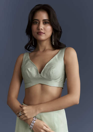 Mint Green Tissue Saree With Heavy Hand Embroidery