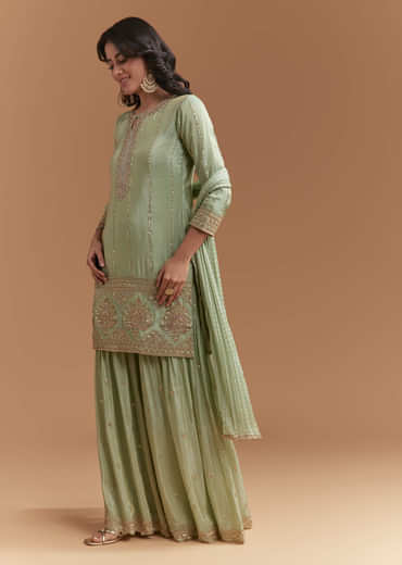 Mint Green Tissue Sharara Suit With Beads And Sequins Work