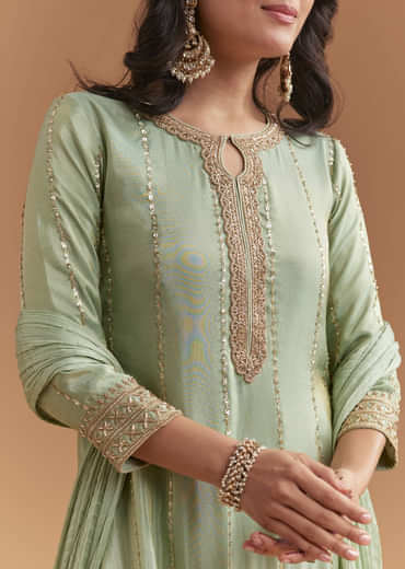 Mint Green Tissue Sharara Suit With Beads And Sequins Work