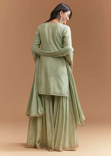 Mint Green Tissue Sharara Suit With Beads And Sequins Work
