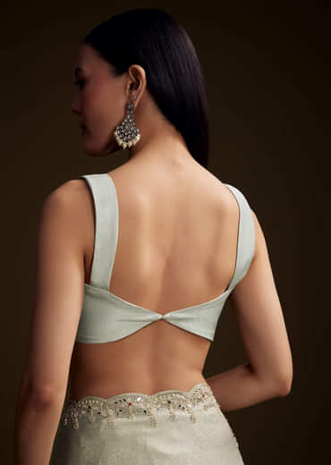 Mint Blue Jacquard Saree With Zardosi And Mirror Embroidery