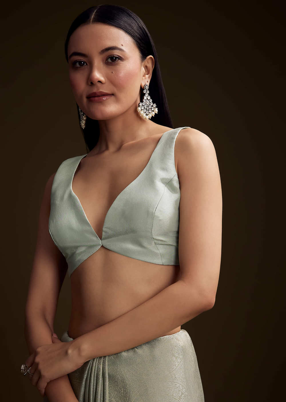 Mint Blue Jacquard Saree With Zardosi And Mirror Embroidery