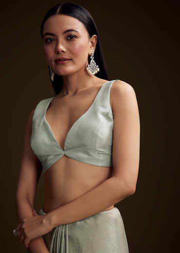 Mint Blue Jacquard Saree With Zardosi And Mirror Embroidery