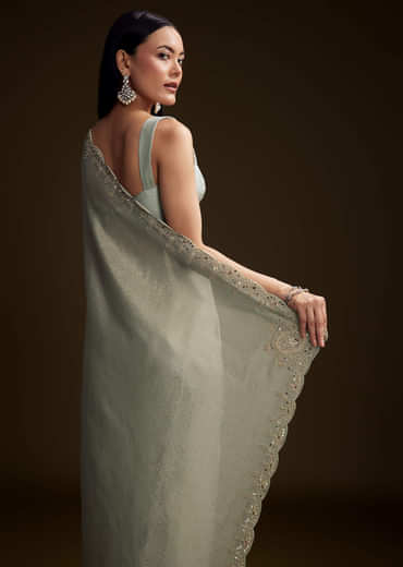 Mint Blue Jacquard Saree With Zardosi And Mirror Embroidery