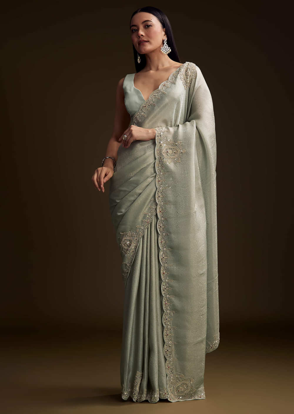Mint Blue Jacquard Saree With Zardosi And Mirror Embroidery