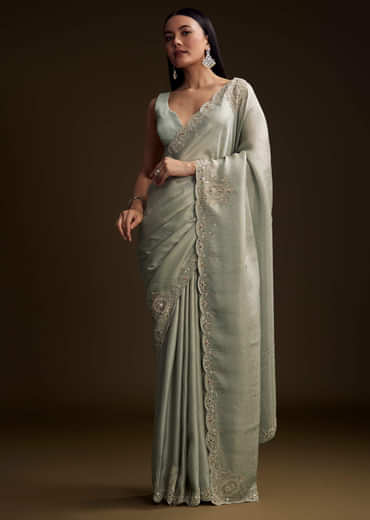 Mint Blue Jacquard Saree With Zardosi And Mirror Embroidery