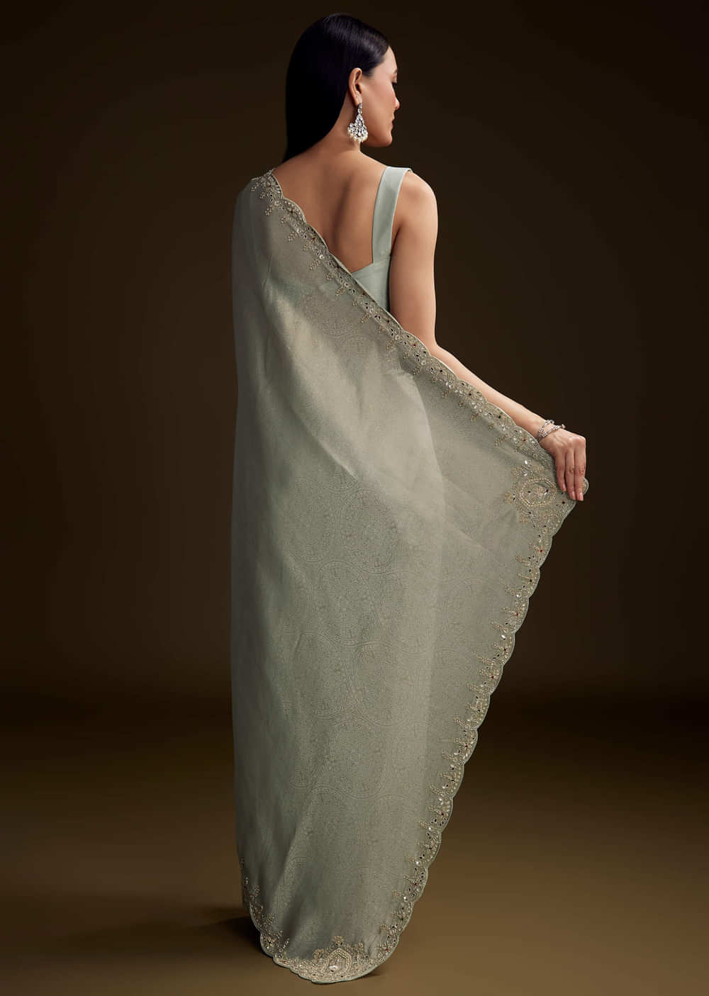 Mint Blue Jacquard Saree With Zardosi And Mirror Embroidery