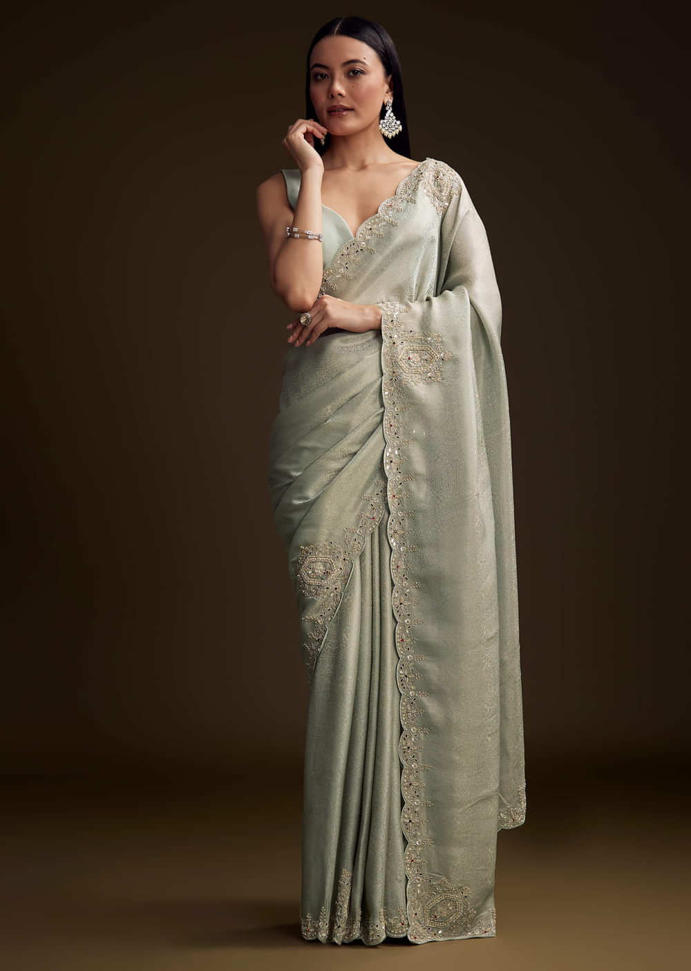 Mint Blue Jacquard Saree With Zardosi And Mirror Embroidery