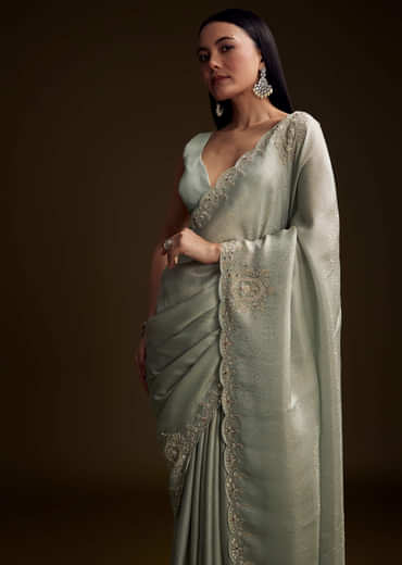 Mint Blue Jacquard Saree With Zardosi And Mirror Embroidery