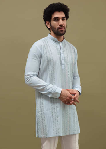 Mint Green Cotton Kurta Set With Resham Work For Men