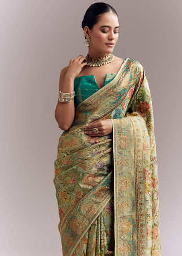 Mint Green Dola Silk Woven Saree With Embroidered Nature Motifs