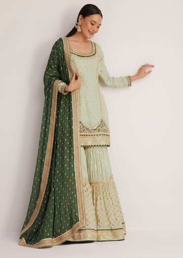 Mint Green Embroidered Sharara Set With Dark Green Dupatta