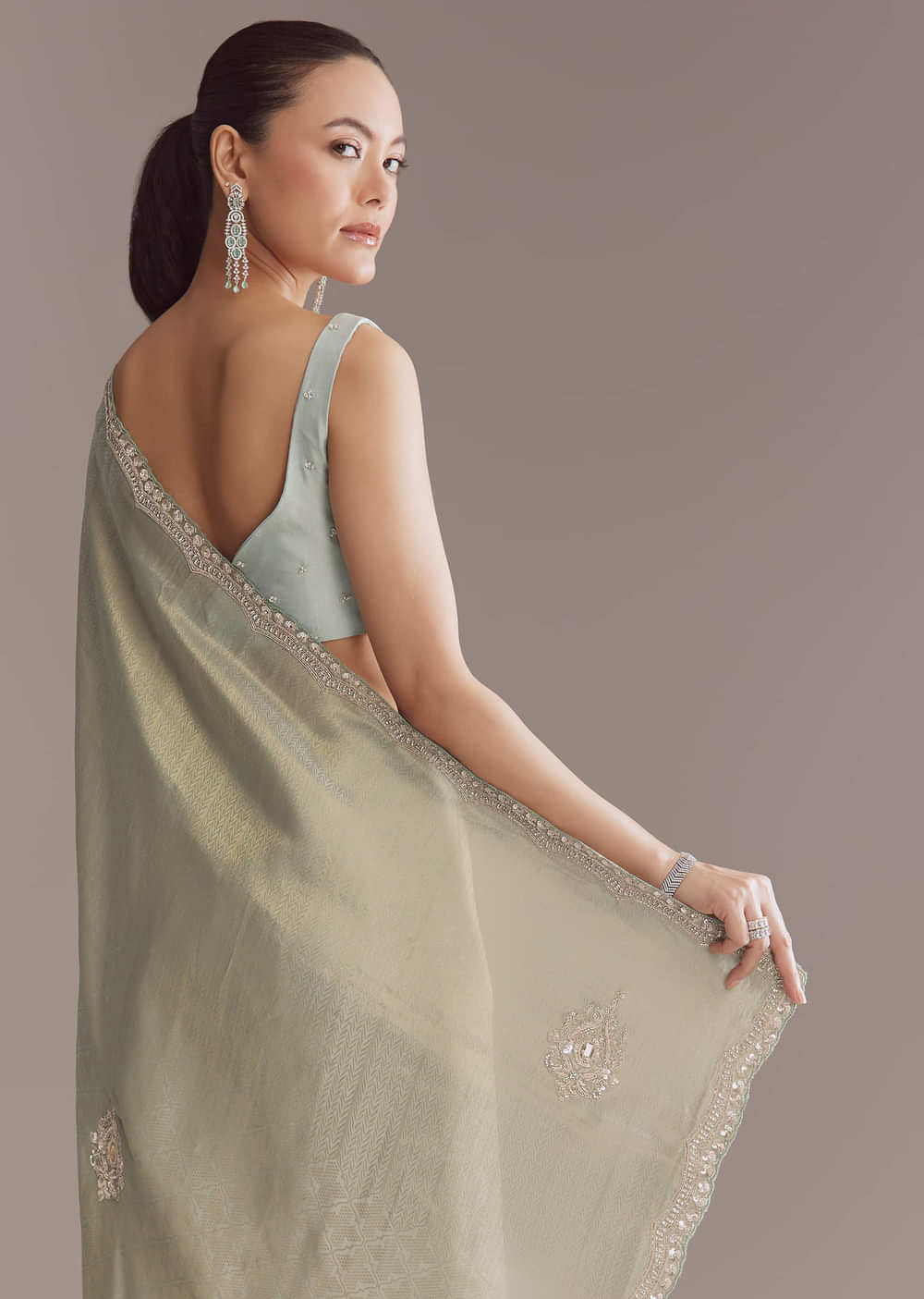 Mint Green Jacquard Saree With Cutdana And Sequin Embroidery
