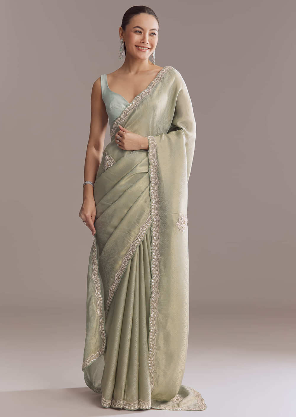 Mint Green Jacquard Saree With Cutdana And Sequin Embroidery