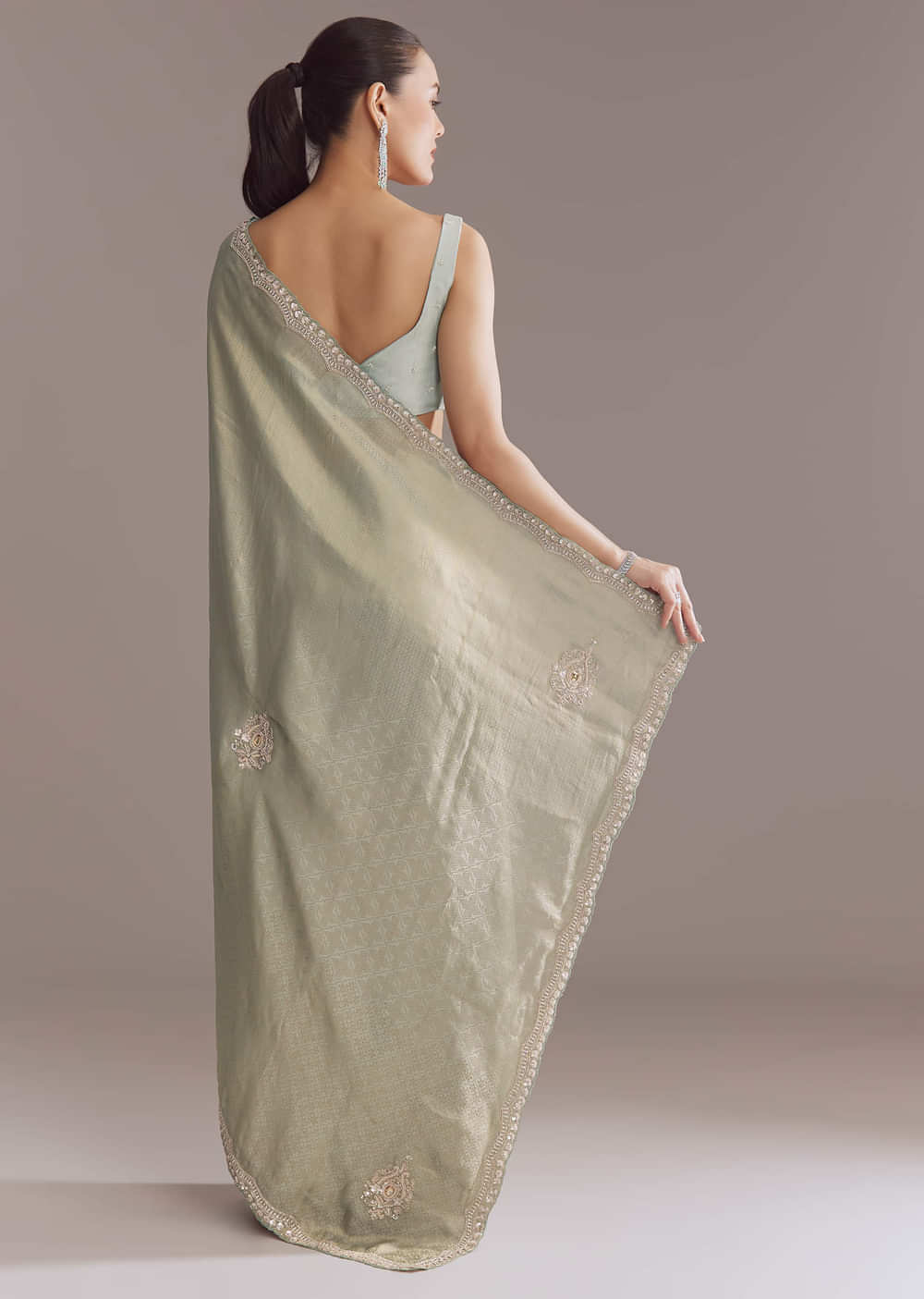 Mint Green Jacquard Saree With Cutdana And Sequin Embroidery