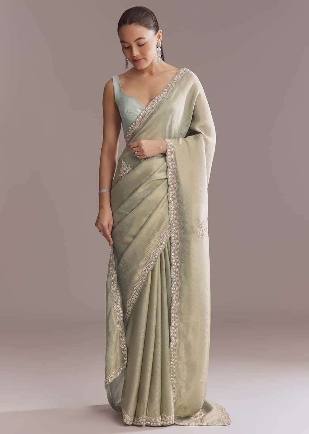 Mint Green Jacquard Saree With Cutdana And Sequin Embroidery