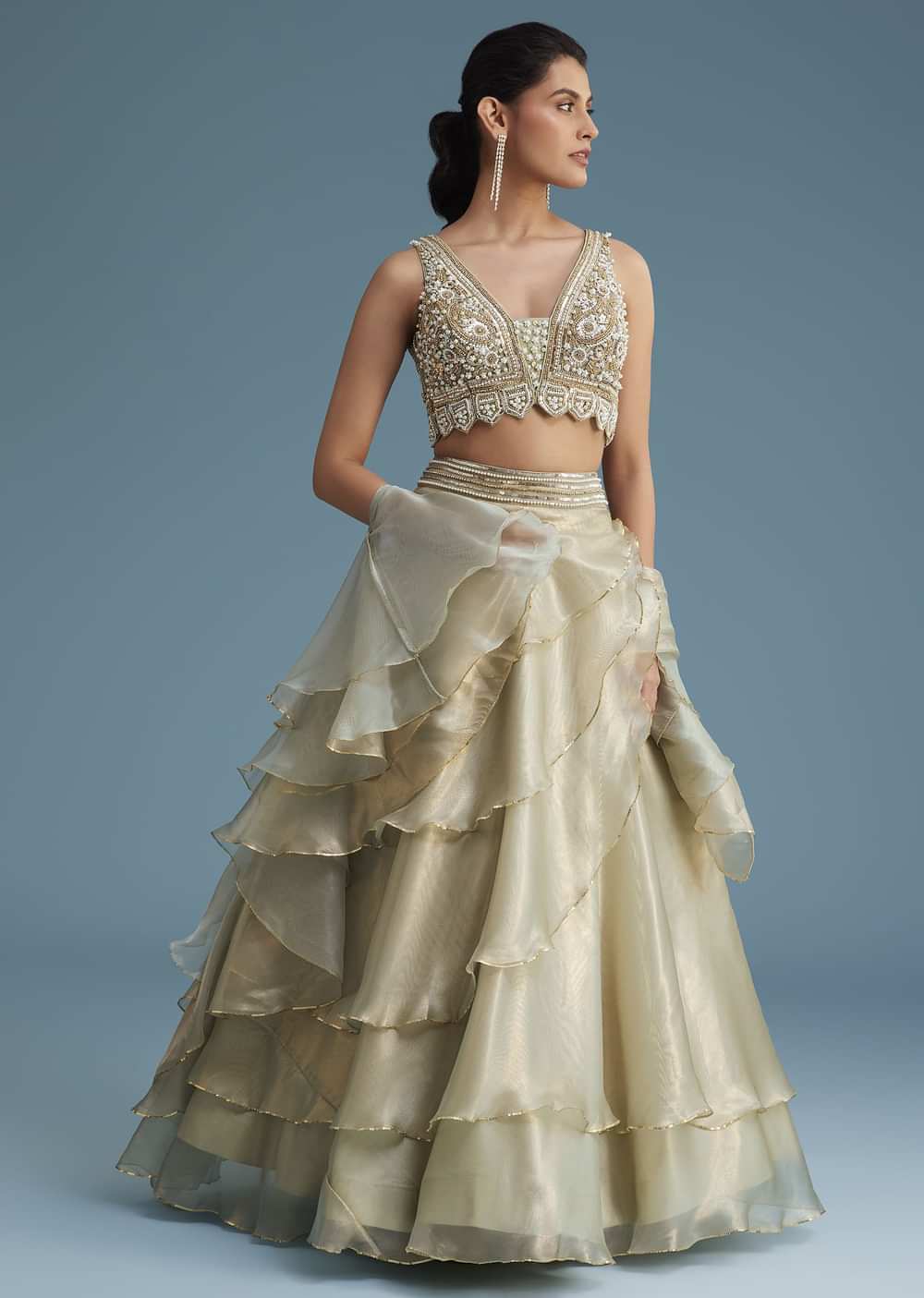 Mint Green Organza Layered Lehenga Set