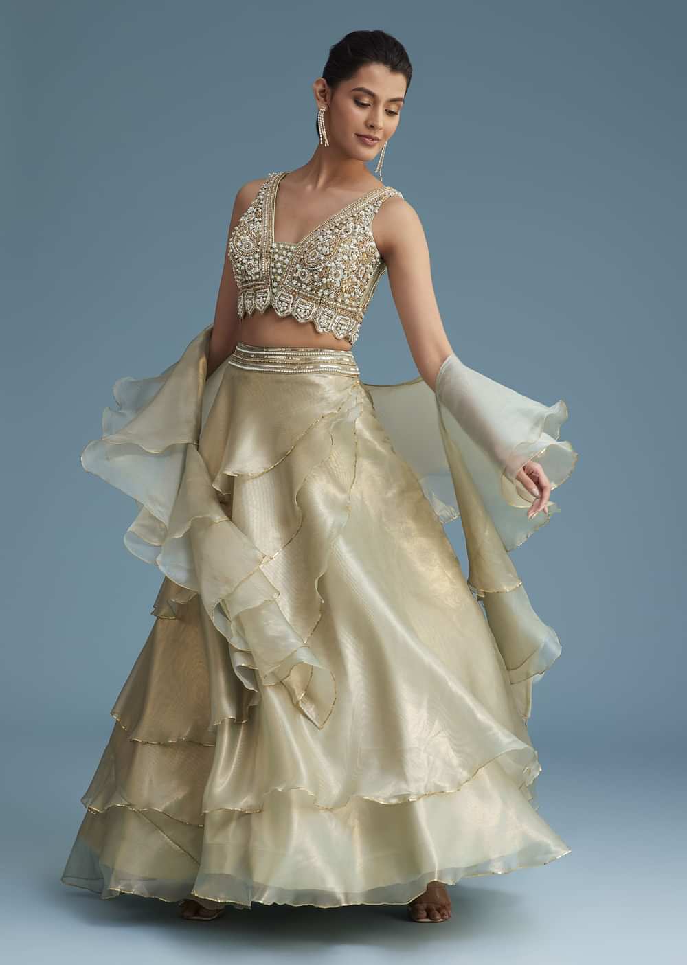 Mint Green Organza Layered Lehenga Set