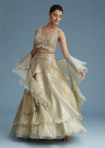 Mint Green Organza Layered Lehenga Set