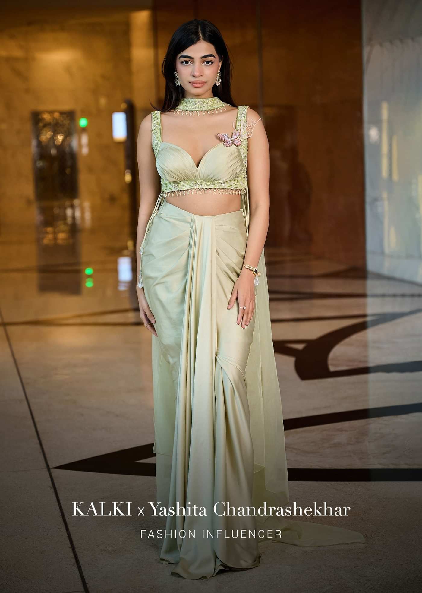 Mint Green Pleated Blouse With Draped Skirt And Choker Dupatta