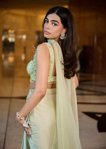 Mint Green Pleated Blouse With Draped Skirt And Choker Dupatta