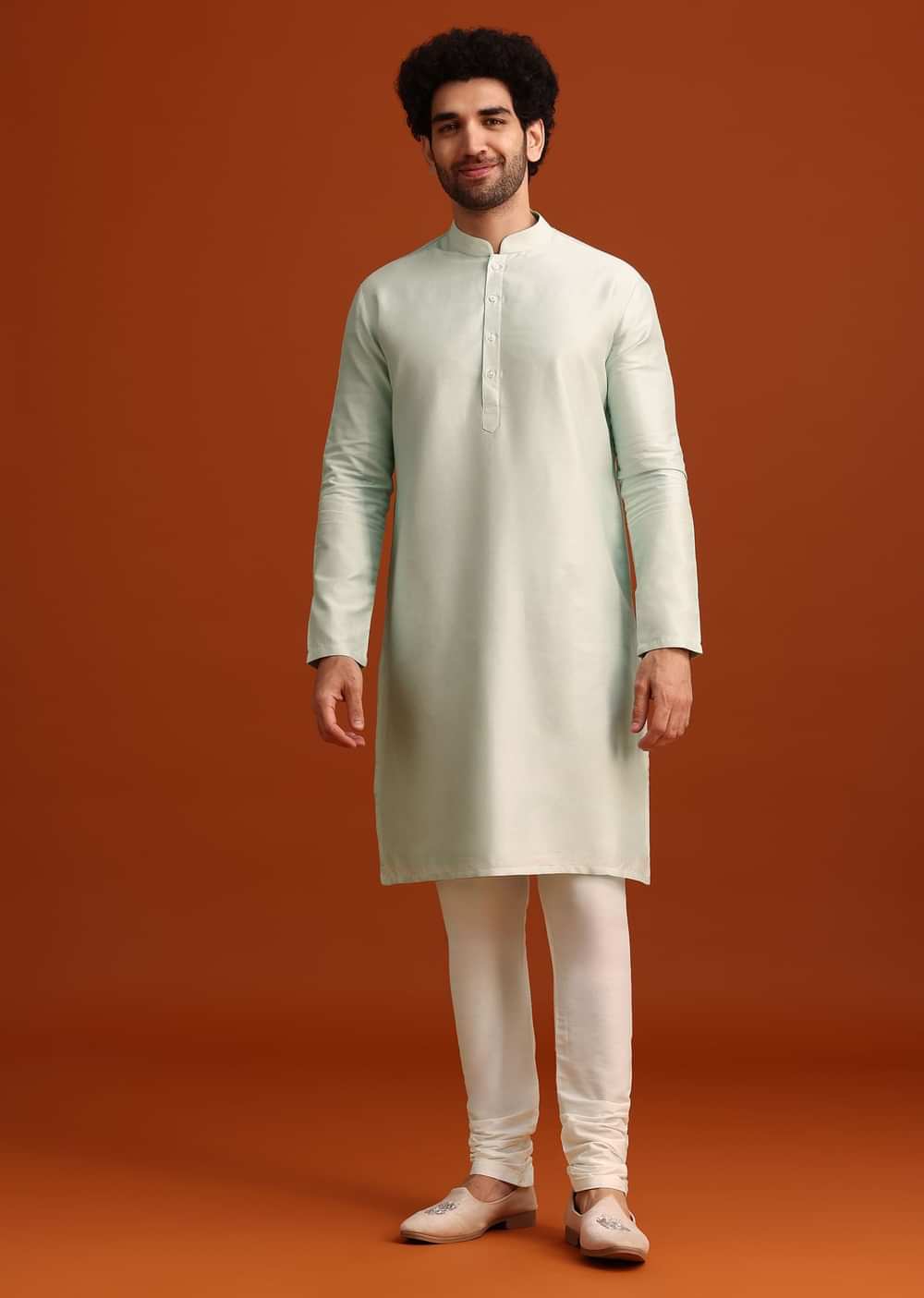 Mint Green Silk Sherwani Set With Sequin Work