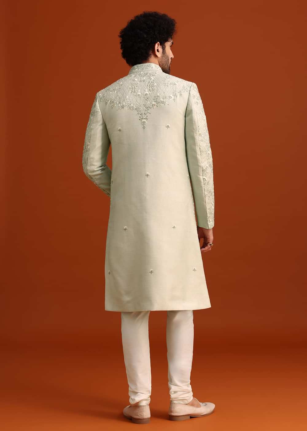 Mint Green Silk Sherwani Set With Sequin Work