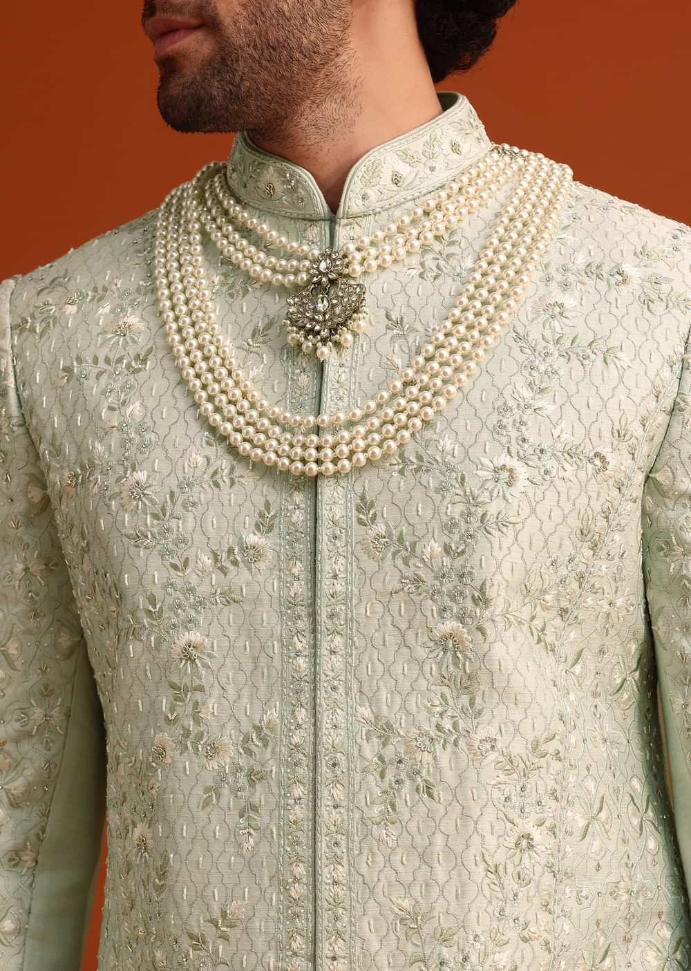 Mint Green Silk Sherwani Set With Sequin Work