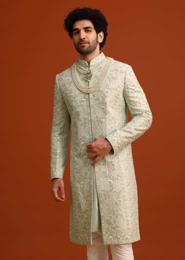 Mint Green Silk Sherwani Set With Sequin Work
