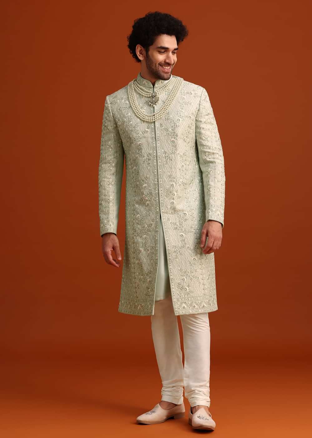 Mint Green Silk Sherwani Set With Sequin Work