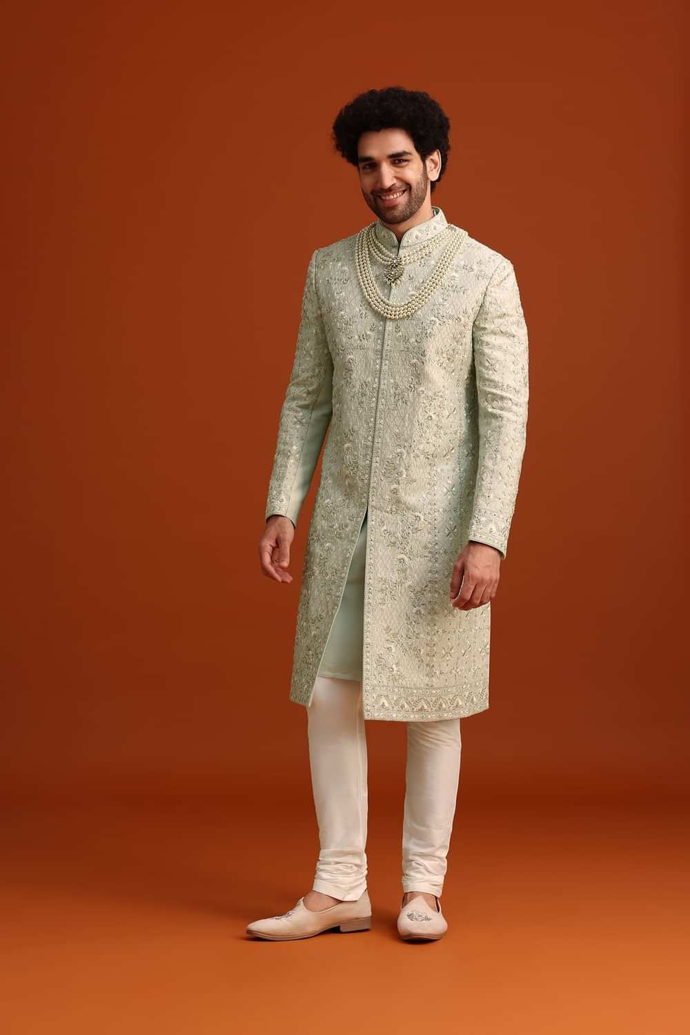 Mint Green Silk Sherwani Set With Sequin Work