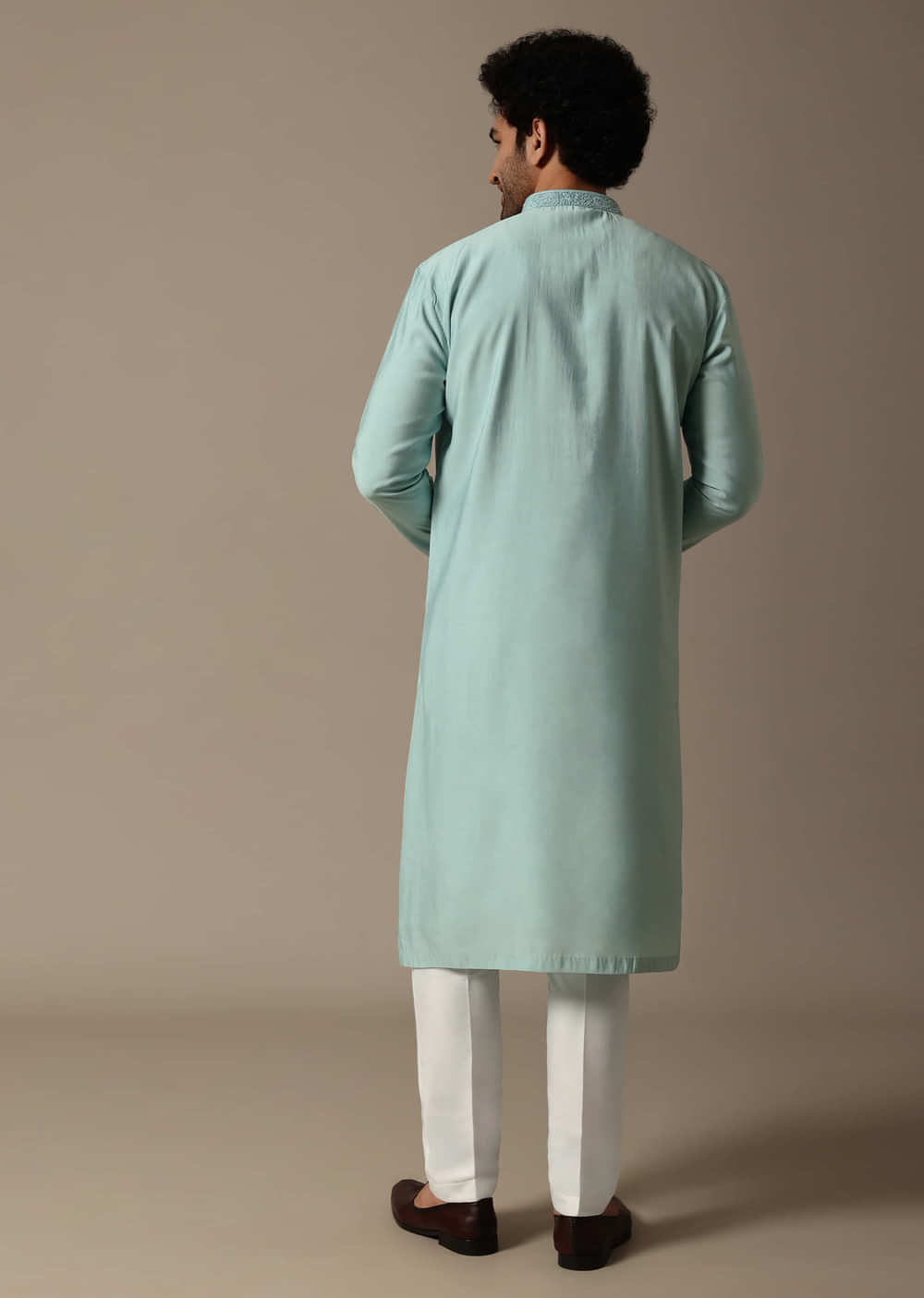 Mint Green Threadwork Silk Kurta Set For Men