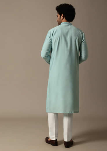 Mint Green Threadwork Silk Kurta Set For Men