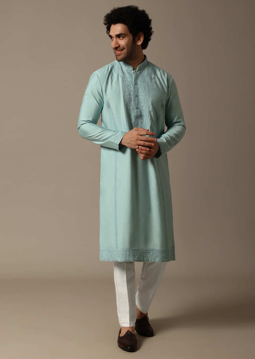 Mint Green Threadwork Silk Kurta Set For Men