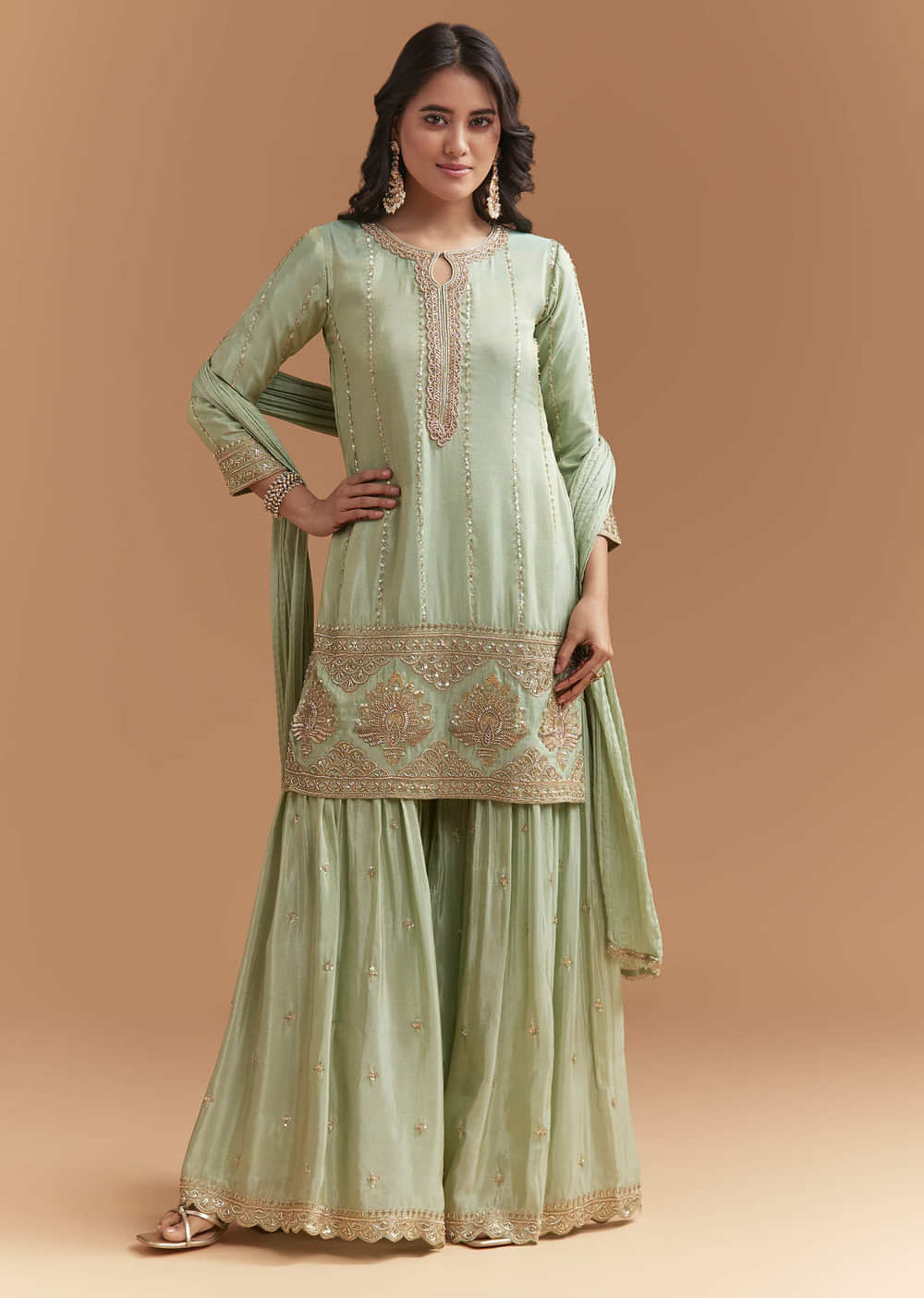 Mint Green Tissue Sharara Suit With Beads And Sequins Work
