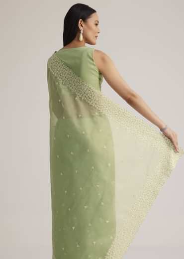 Mint Green Tissue Silk Sequins Saree With Scallop Border