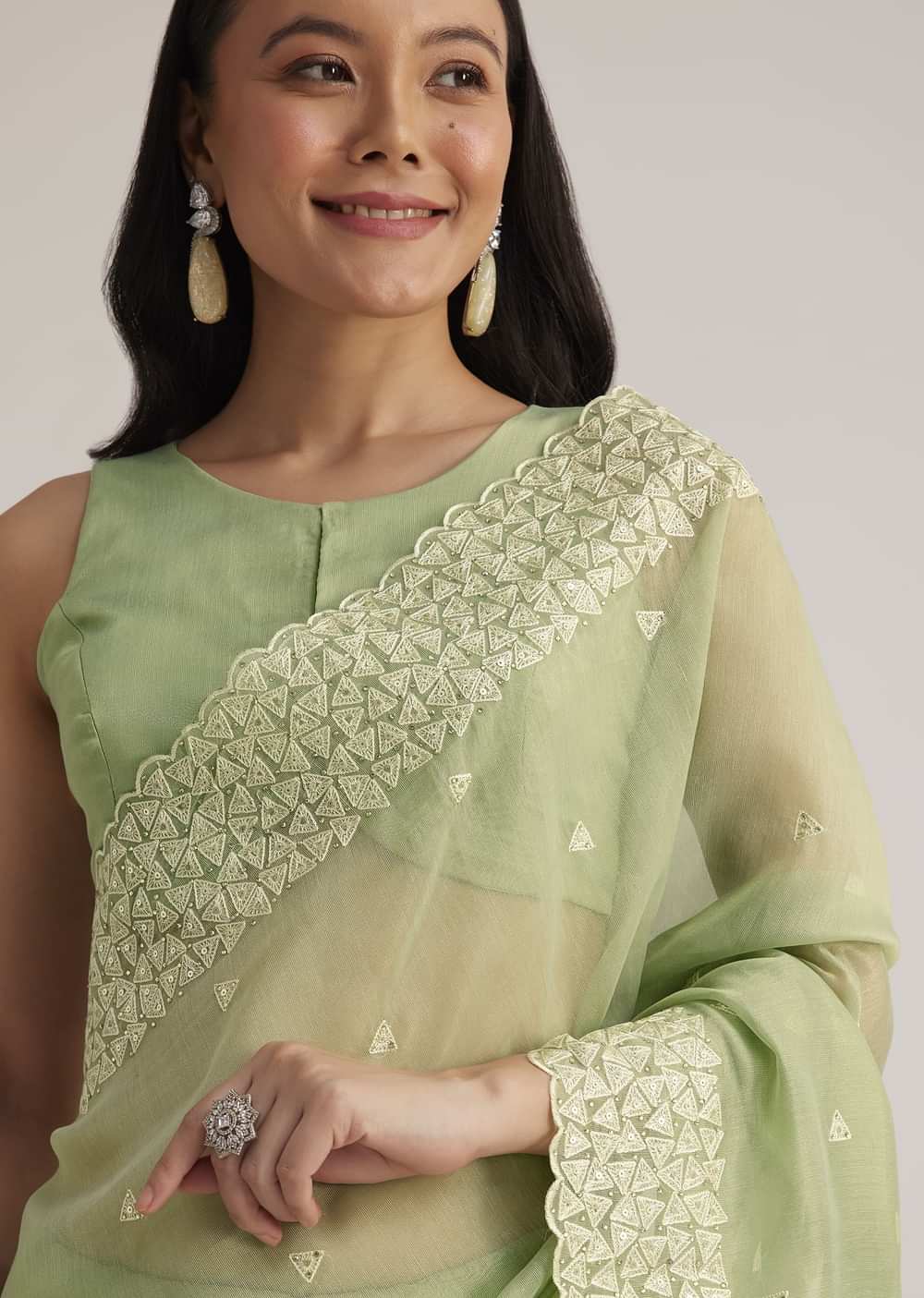 Mint Green Tissue Silk Sequins Saree With Scallop Border