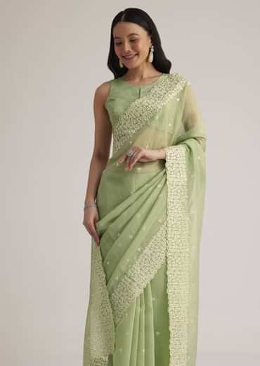 Mint Green Tissue Silk Sequins Saree With Scallop Border