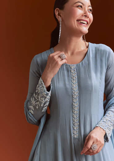 Misty Blue Chinon Anarkali Suit With Moti And Stone Work