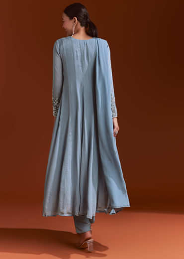 Misty Blue Chinon Anarkali Suit With Moti And Stone Work