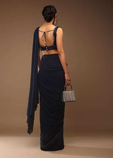 Mood Indigo Blue Ready-Pleated Saree With A Crop Top In Sequins Embroidery Corset Neckline With A Tie-Up Tassel Dori At The Back